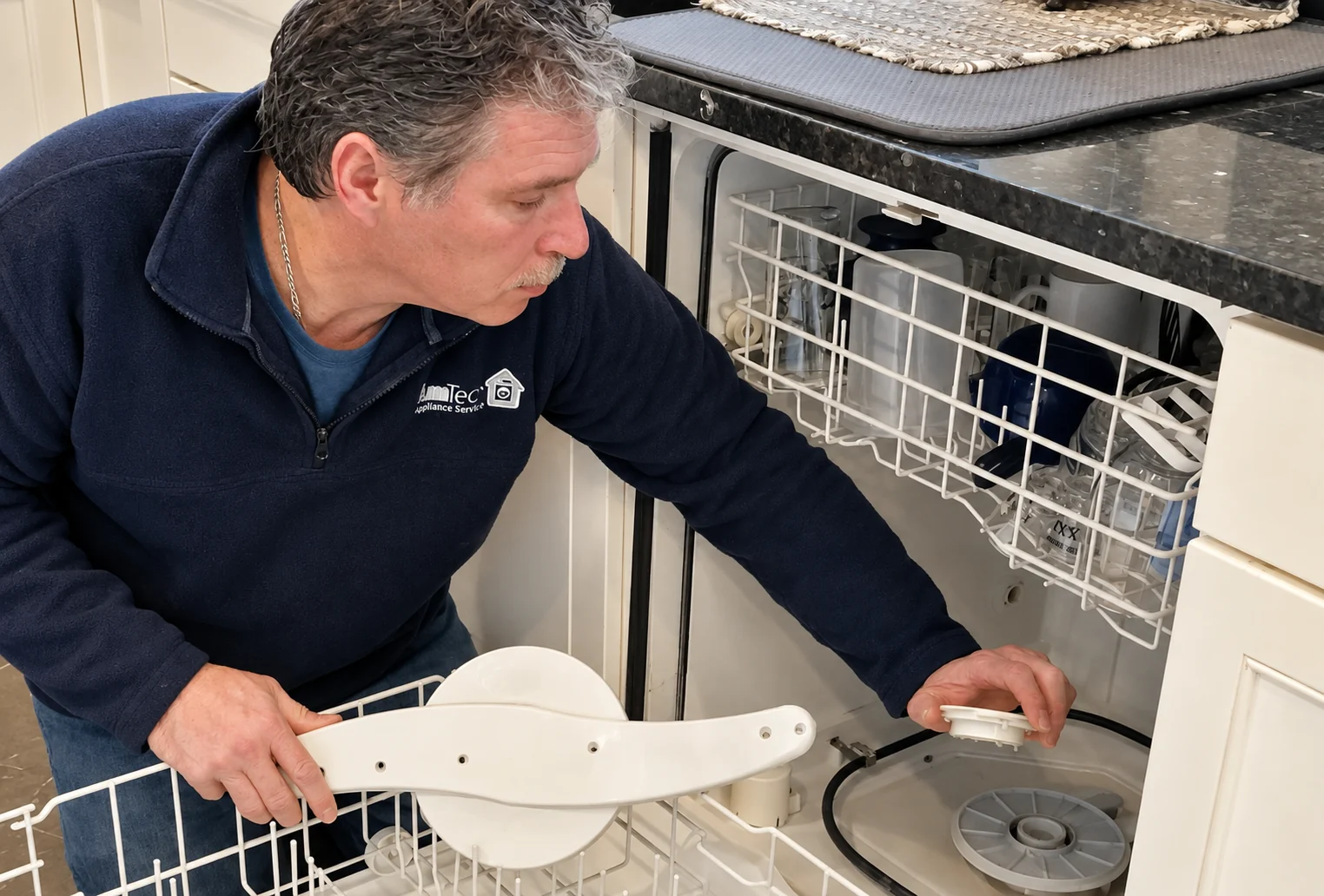 AmTech technician repairing a dishwasher in a customer's home
