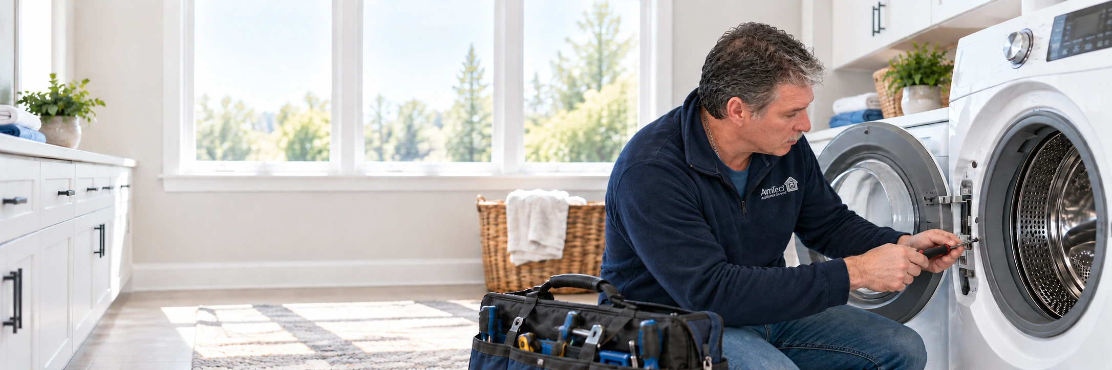 AmTech technician repairing a washing machine in a home